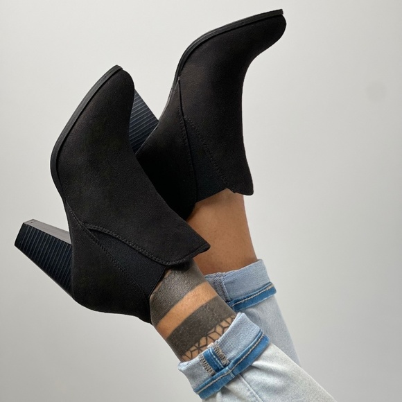 Shoes - Black Heeled Slip On Ankle Booties